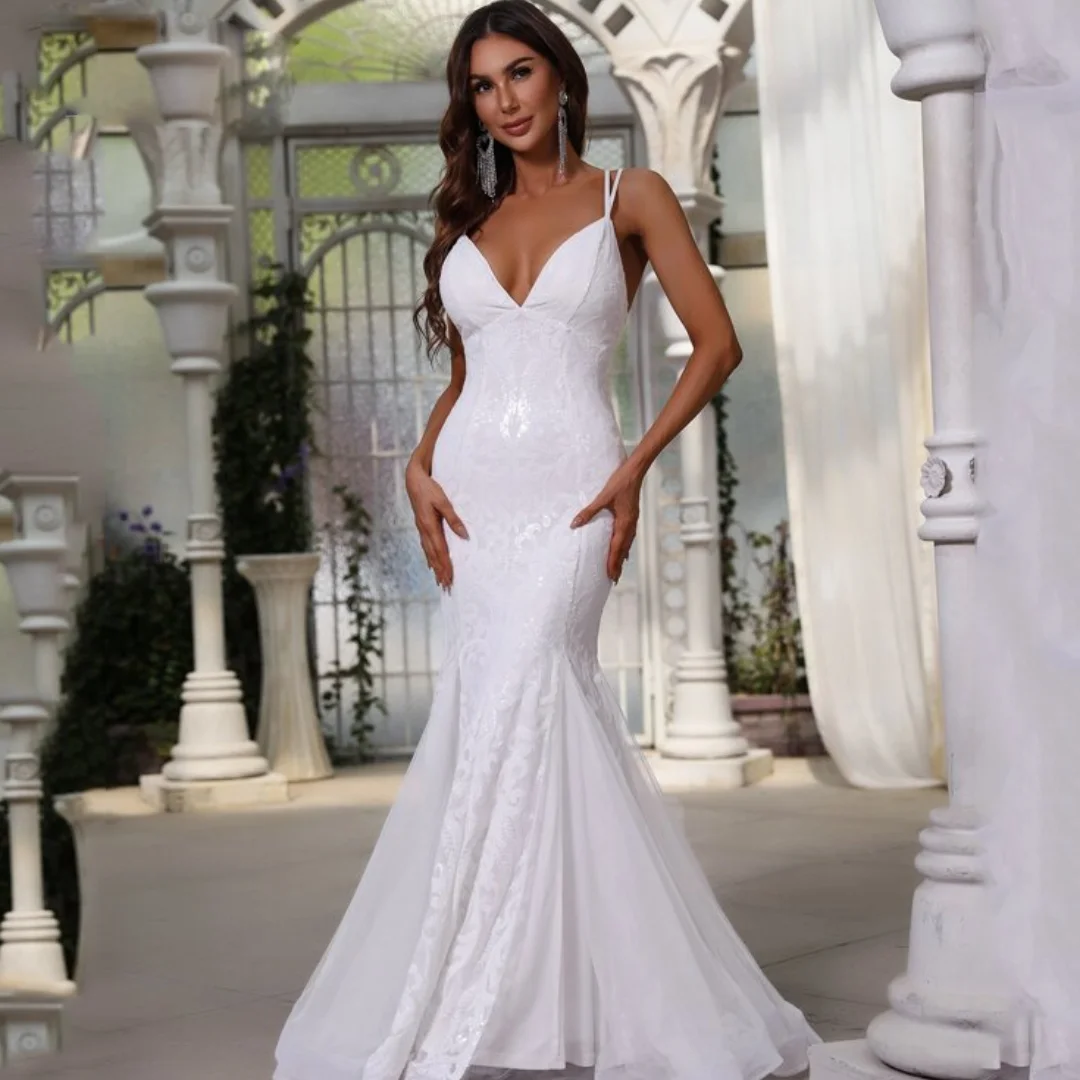 Женское кружевное платье-Русалка на тонких бретельках с открытой спиной для