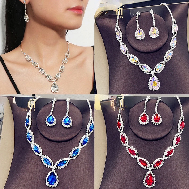 

New European and American Hot-selling Bridal Necklace Set Fashion High-end Crystal Color Earrings Jewelry Two-piece Set