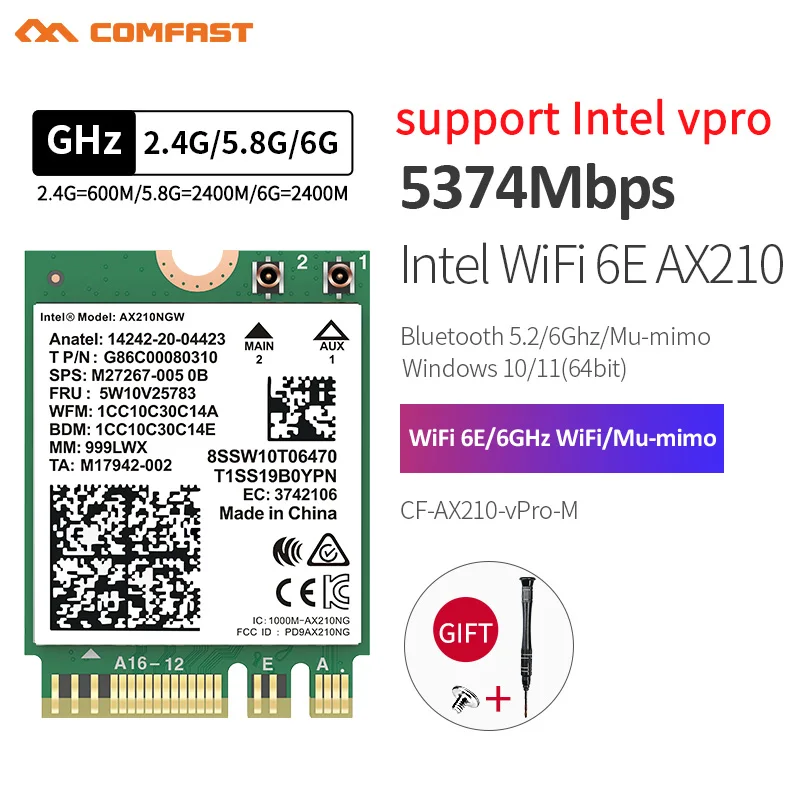 

COMFAST 5374 Мбит/с Wi-Fi 6E PCI-E Беспроводной Wi-Fi адаптер Bluetooth 5,2 Intel AX210 2,4G/5G/6 ГГц PCI Express Wlan 802.11AX Wi-Fi карта