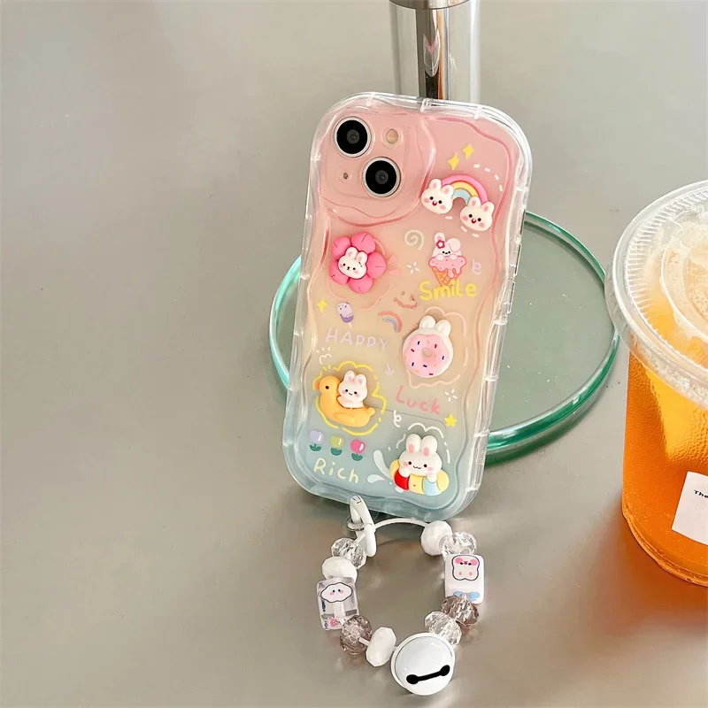 Фото Чехол с 3D кроликом и радужной цепочкой для iPhone 17 16 15 13 Pro 14 12 Pro Max 16 15 14 Plus 13 12 Mini 16E Air TPU Gradient Phone Cover №4