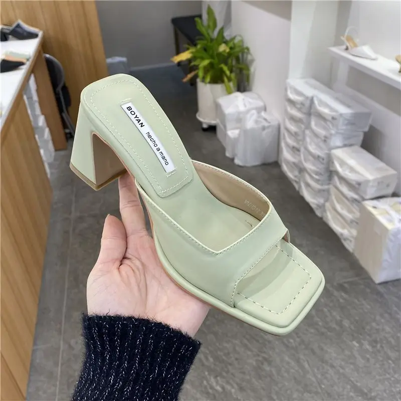 Square Toe 2023 Women Slippers New Summer Plaid Ladies Fashion Thick High Heels Female Pumps Elegant Shoes Slides Dress Design