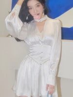 qweek vintage wrap bodycon white dress women french retro designer long sleeve short dresses 2022 spring