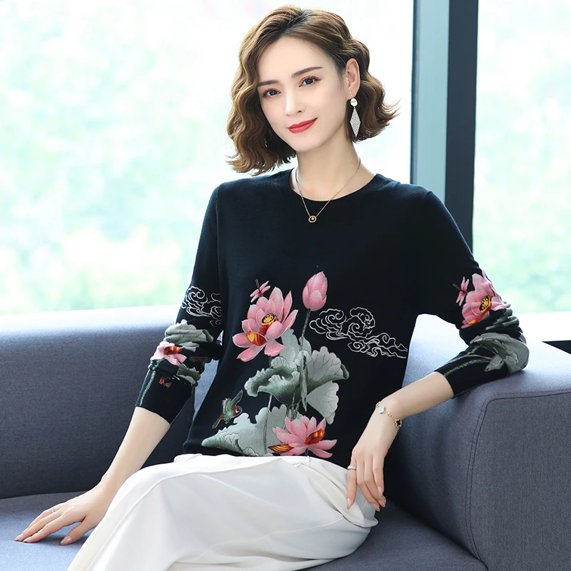 

2022pullover New Casual Spring Autumn Women Sweater O-Neck Lotus Printing Long Sleeve Tops Female Jumper Loose Knitted Pullover