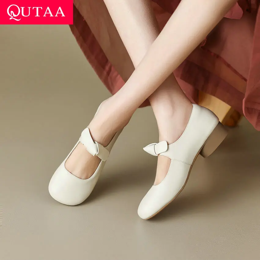 

QUTAA 2023 Spring Summer Basic Women Pumps Office Lady Casual Genuine Leather Thick Low Heels Shoes Woman Fashion Size 34-39