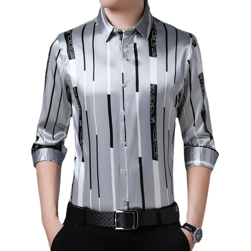 2022 Men's Luxury Brand Business Casual Long-Sleeved Shirt Men Spring Autumn Fashion Slim ice Silk Striped Printed Shirt S-3XL