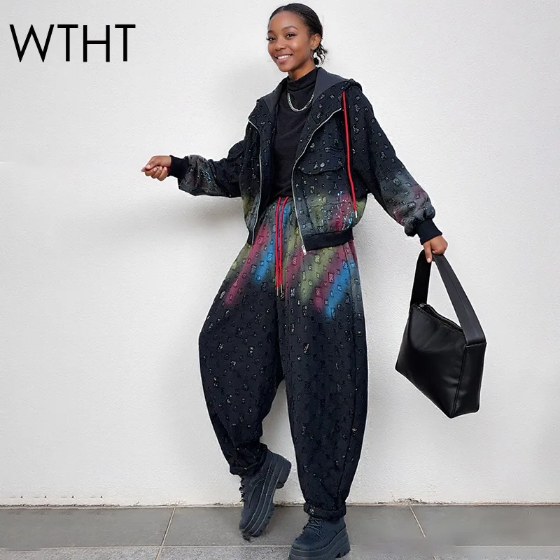 Фото WTHT модная новая женская куртка в клетку с градиентом граффити, свободная куртка с капюшоном, прямые брюки с эластичной резинкой на талии, женская зима 2025 г., 1LS2626 №1