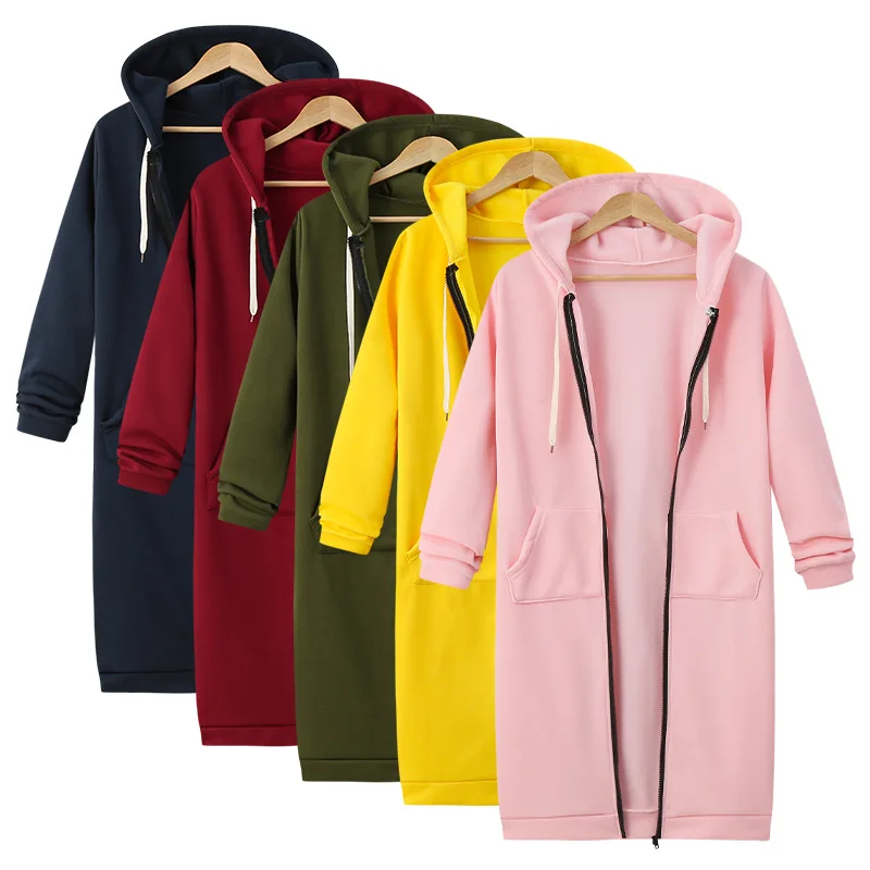

New 5 Colors Autumn Winter Pockets Plus Size Outwear Tops Women Casual Long Hoodies Sweatshirt Coat Zip Up Hooded Outerwears