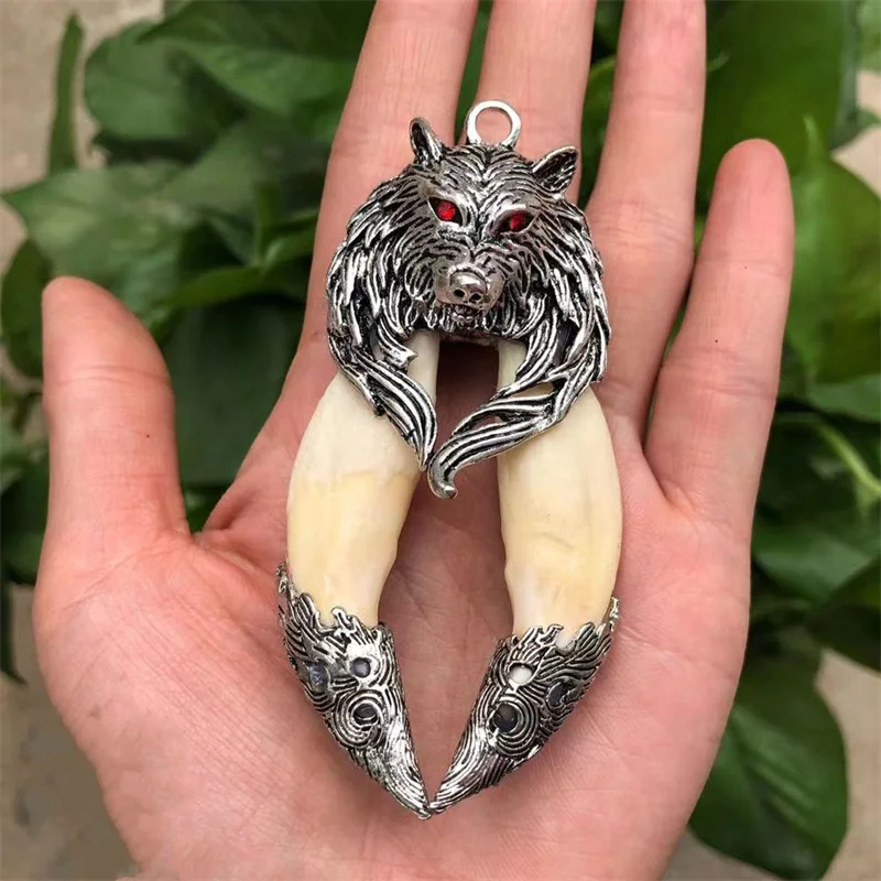 Mai Chuang/ручная резьба/античное серебро инкрустированный кабан зуб волк собака