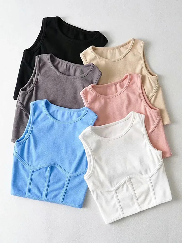 

2022 Summer Women's Streetwear Corset Crop Top Elastic Cotton Sleeveless O-neck Solid Sexy Tank Top 6 Colors