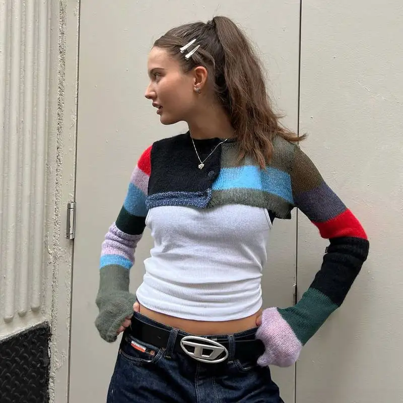 

Round Neck Long Sleeves Christmas Sweater Fall Clothing for Women 2022 New Fashion Street Casual Stripe Knitted Sweater