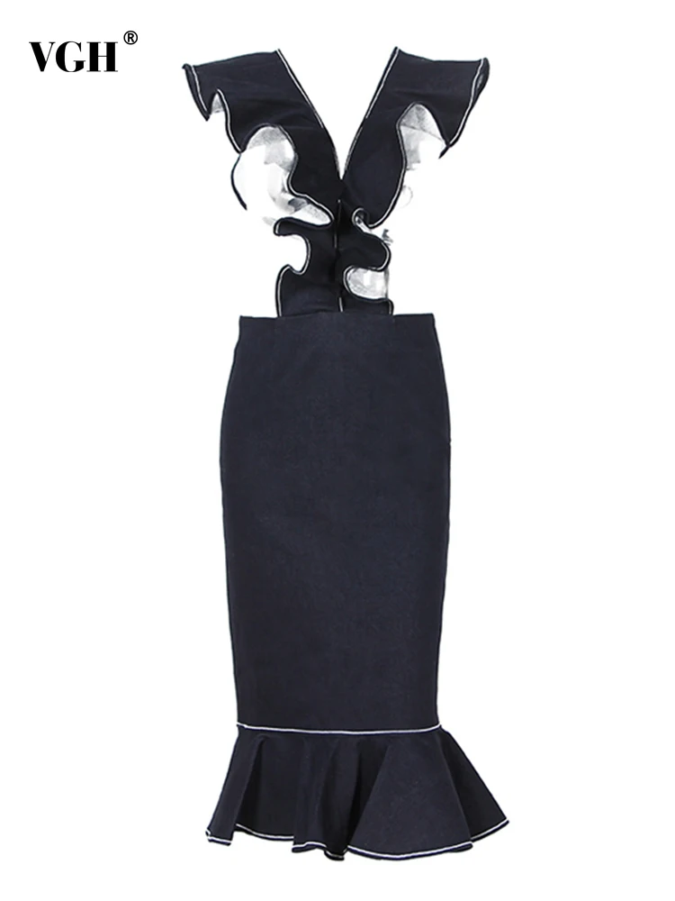 

VGH Elegant Patchwork Ruffles Skirt For Women High Waist Casual Solid Midi Skirts Female Fashion New Clothing 2022 Spring Style