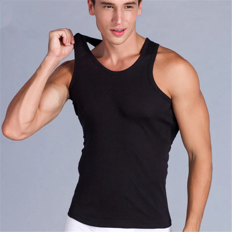 

Men's Elastic Casual Tank Top O-neck Close-fitting Vest Breathable Cotton Tshirt Sleeveless Solid Undershirts Male Black Tanks