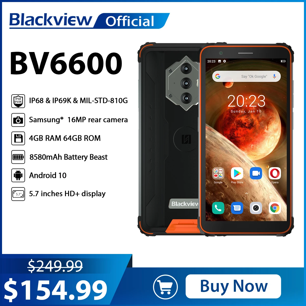 Смартфон Blackview BV6600, водонепроницаемый, IP68, 8580 мА · ч, ударопрочный телефон, 4 Гб + 64 ГБ, 5,7 дюйма, мобильный телефон дюйма, 16 МП, Android 10, разблокиро...