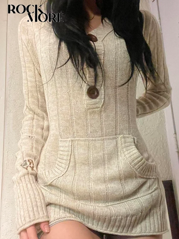 

Rockmore Winter Hooded Knitted Dresses for Women New Autumn Hoodie Long Sleeve Party Mini Dress Casual Y2K Aesthetic Clothing