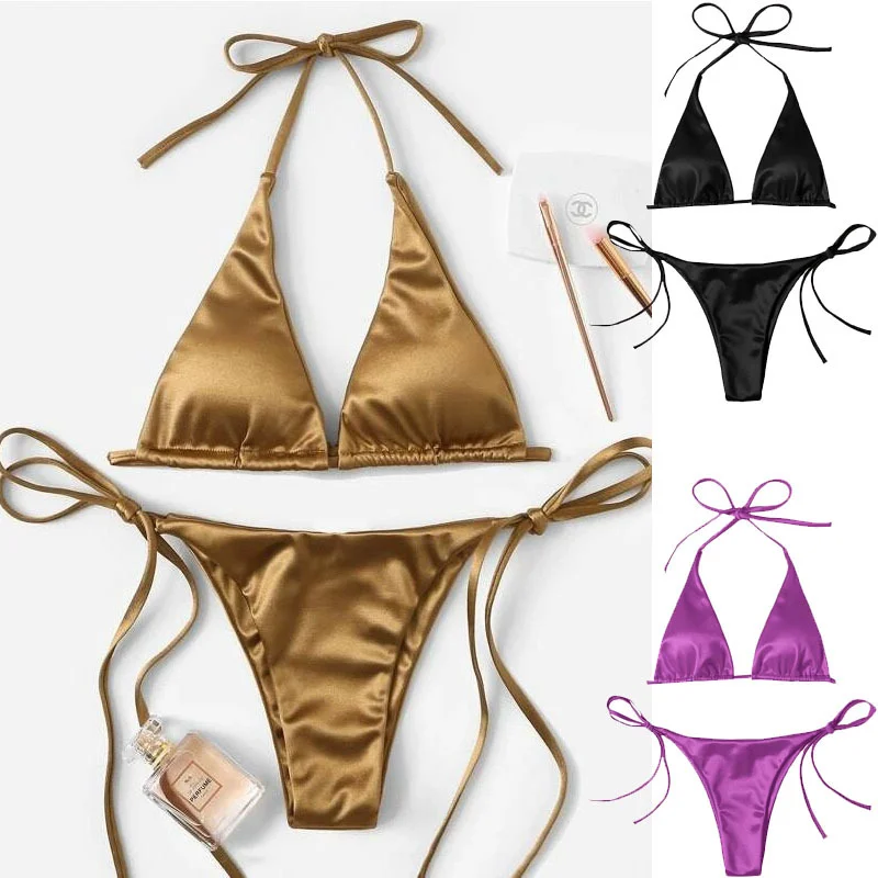 

Sexy Women's Metallic Halter Top Two Piece Swimsuit Tie Side Triangle Bikini Summer Bandage Bathing Suit Beachwear Bikini Set