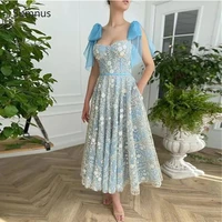 sumnus 2022 blue floral lace flowers prom dresses bow straps sweetheart tea length graduation party evening gowns pockets robes