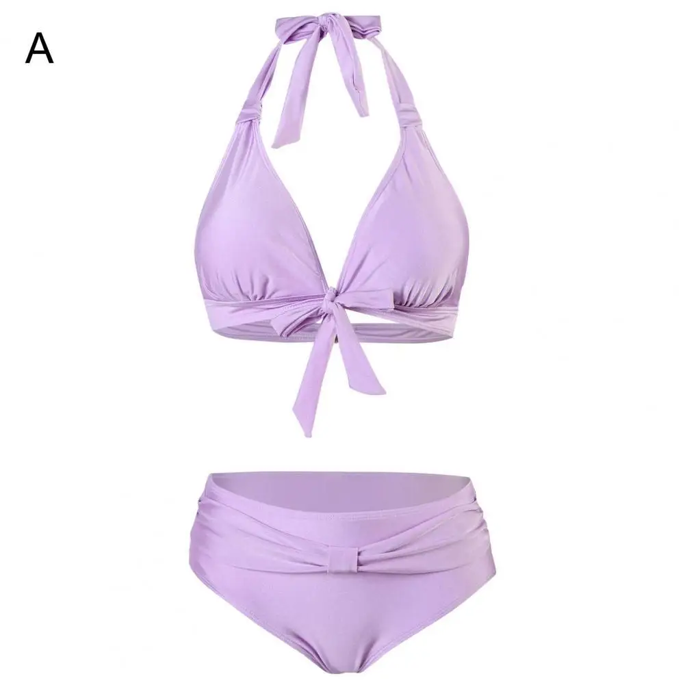 

Lady Swimwear Simple Push Up Summer Sweet Bow Lady Bikini Backless Halter Neck Bathing Suit