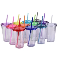 popular 16oz straight cup acrylic water bottle with lid and straw double wall clear juice milk cups for birthday party