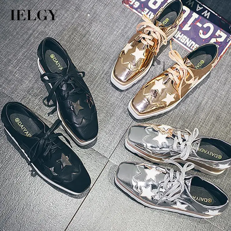 

IELGY square toe women's single shoes platform wedge heel lace casual
