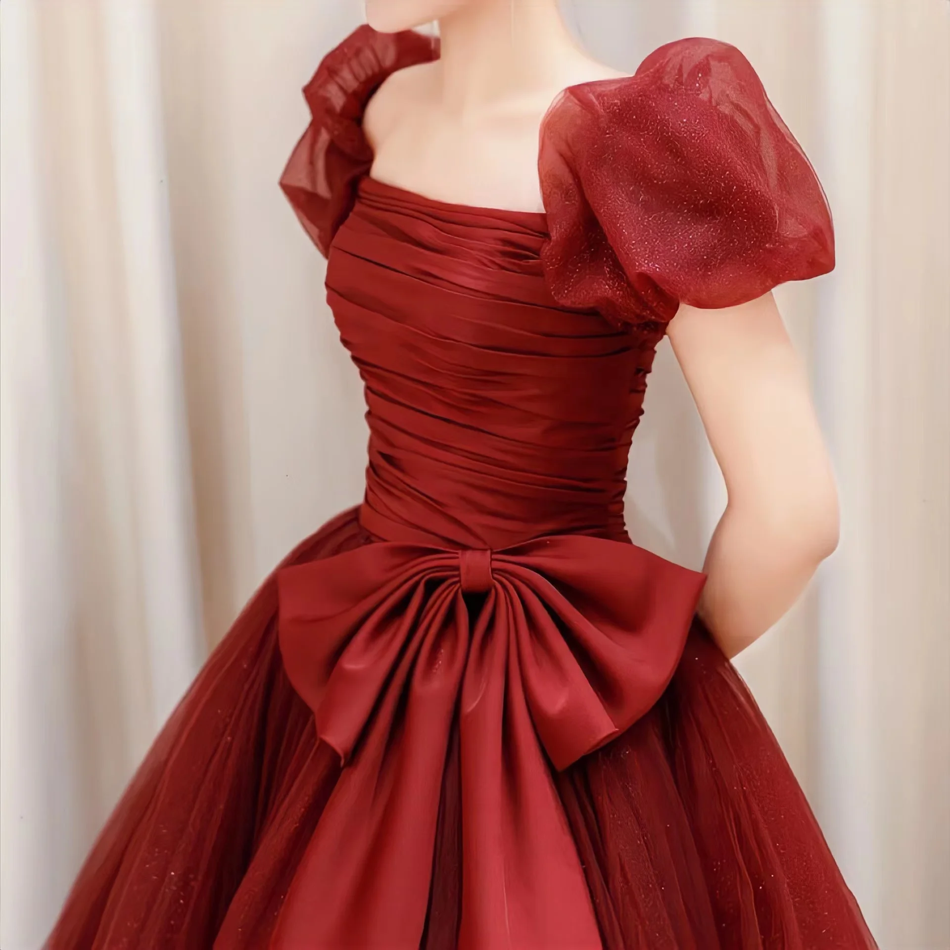 

Romantic Burgundy Evening Dress Puff Sleeve Square Collar A-Line Tulle Bow Lace Up Elegant Banquet Wedding Engagement Prom Gowns