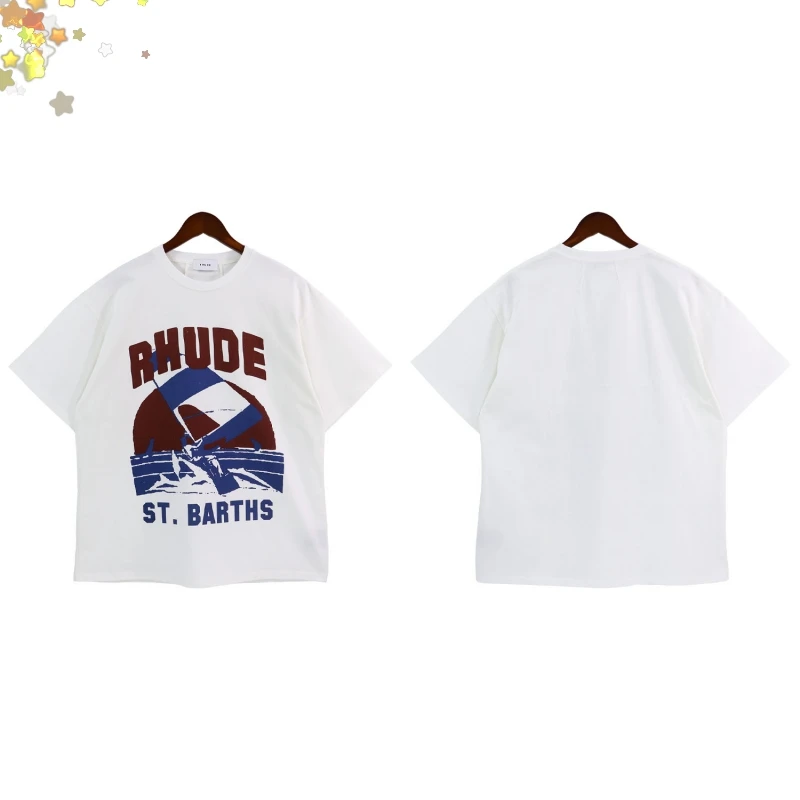 

High Quality RHUDE Cotton Breathable Oversized T-Shirt Printed With American Street Print For Men And Women With Half Sleeves