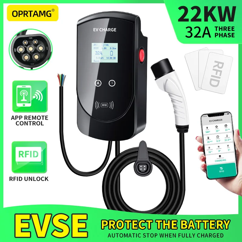 

Зарядное устройство для электромобилей, 32 А, 3 фазы, 22 кВт, IEC 62196, тип 2, зарядный кабель, розетка EVSE Wallbox, Wi-Fi, зарядная станция для электромобил...