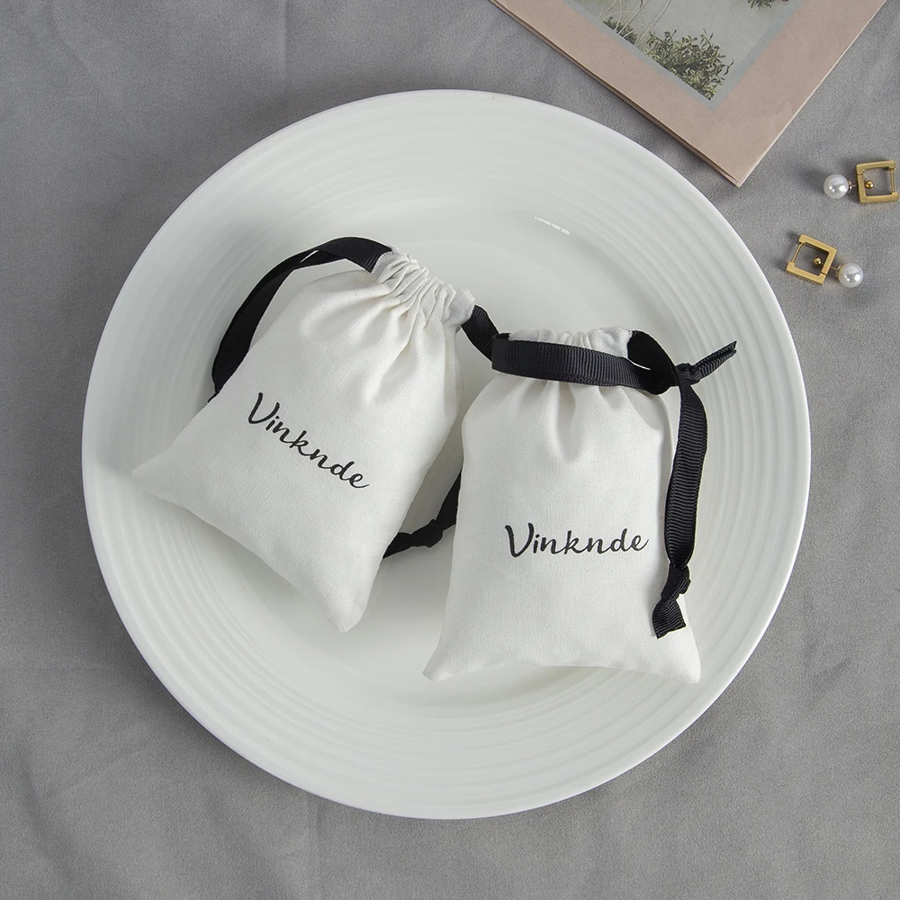New White Canvas Bags with Black Drawstring Custom Logo Printing Gift Cotton Pouch Ring Earrings Jewelry Packaging Organizer Bag