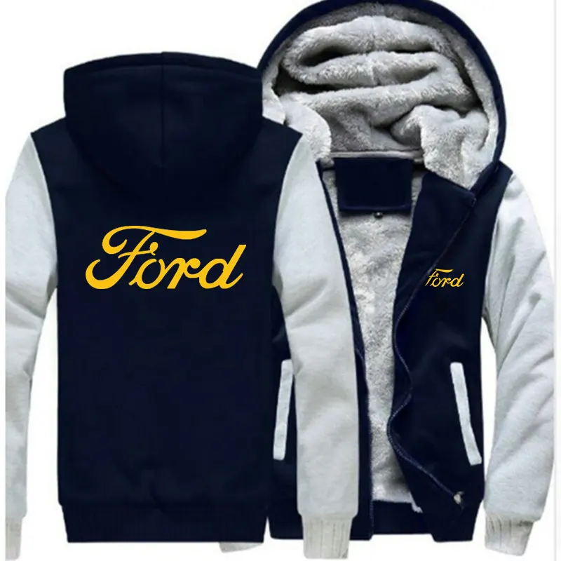 

New Winter Men Fashion Ford Logo Hoodies Jacket High Quality Long Sleeve Casual Zipper Wool Liner Fleece Sweatshirts Coat