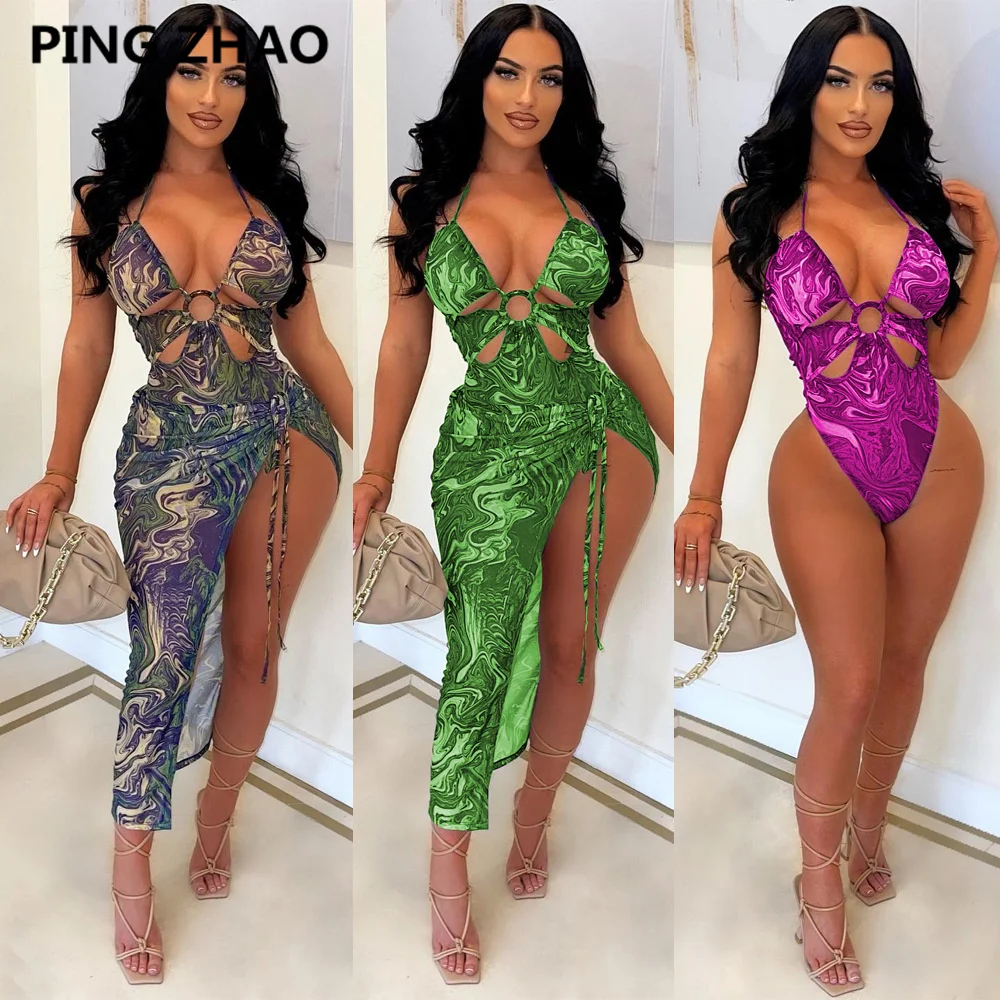 

PING ZHAO Sexy Beach Two Piece Suits Women Halter Print Bodysuit & High Slit Skirt Set