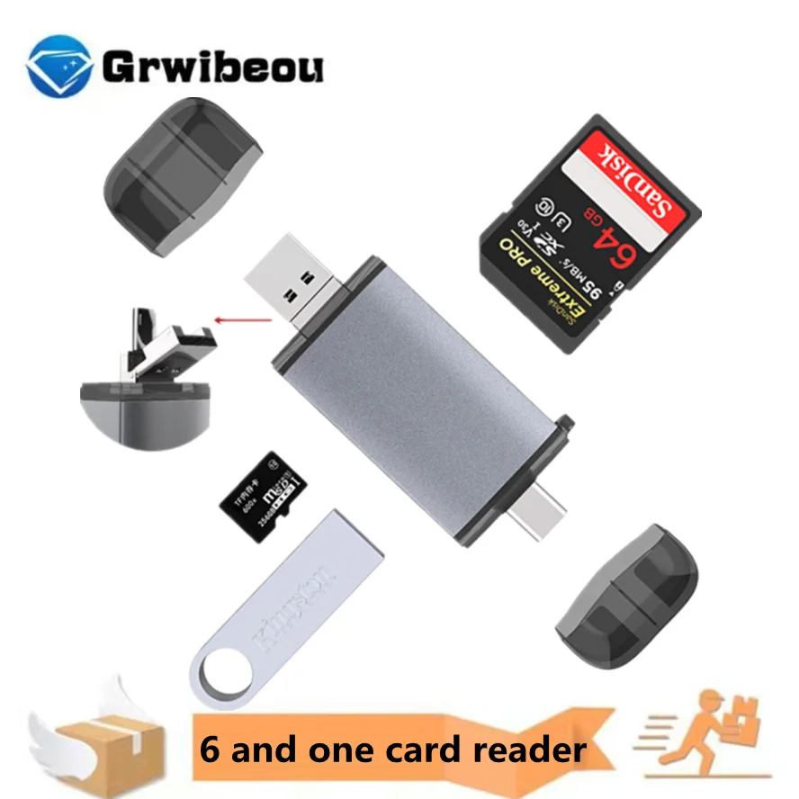 Кардридер 6 в 1 с Micro USB Type C на SD TF |