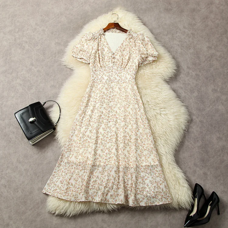 

Женская одежда в европейском и американском стиле, Новинка лета 2023, модное плиссированное платье с коротким рукавом с буфами и V-образным вырезом и цветочным принтом