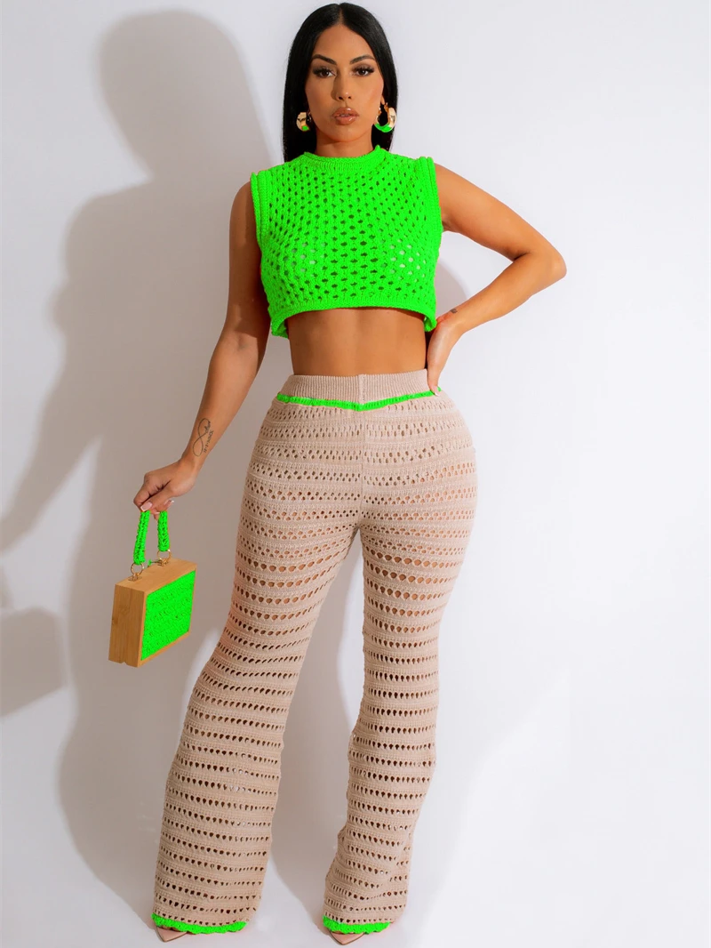 

INS Fashion Knit Crochet Tracksuit Women Two 2 Piece Set Outfits Summer Y2K Clothes Sleeveless Crop Top + Pants Suits Streetwear