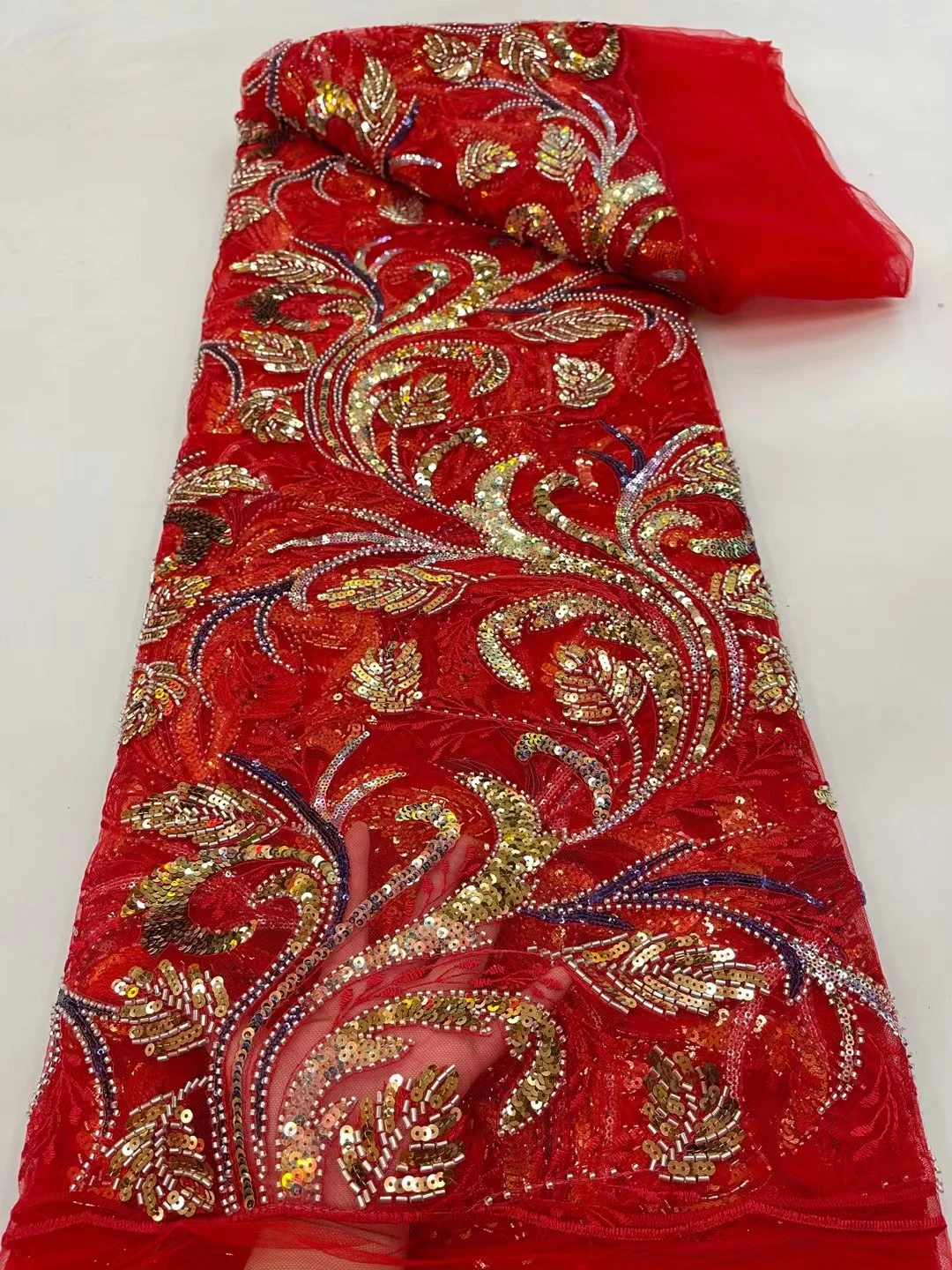 

High Quality African red Handmade Beaded Lace Fabirc 2023 Sewing sequins Embroidery Nigreian Lace Fabric Women Wedding Dress