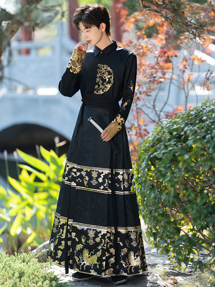 Hanfu Мужская юбка &quotлошадиное лицо&quot плетеная золотая вышивка тяжелая