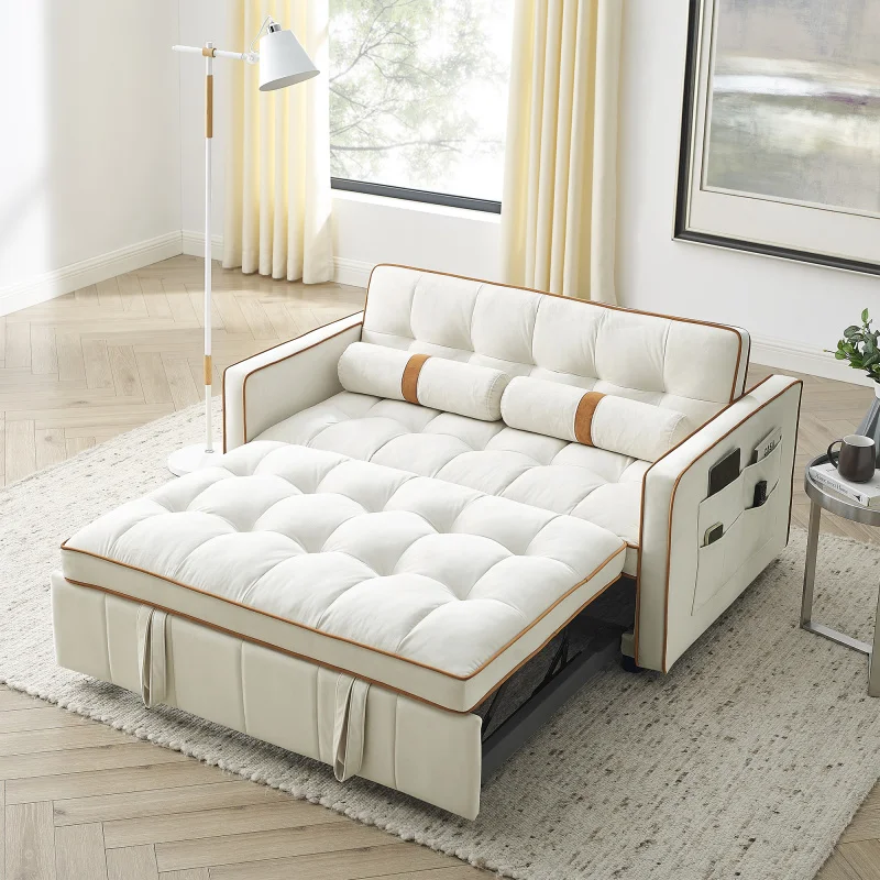 

55.5" Pull Out Sleep Sofa Bed Couch with side pockets, Adjsutable Backrest and Lumbar Pillows for Apartment Office Living Room