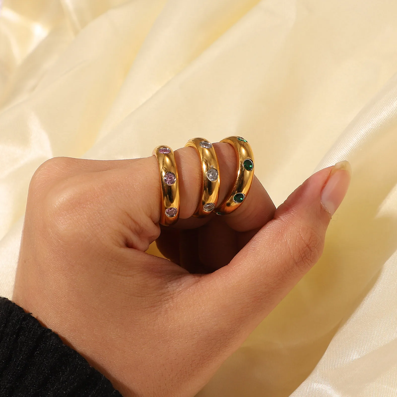 

1 PC Stainless Steel Unadjustable Rings 18K Real Gold Plated Multicolour Cubic Zirconia Circle Ring Anniversary Party Gift