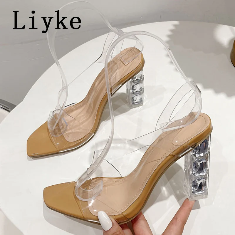 

Сандалии Liyke женские прозрачные, босоножки на высоком квадратном каблуке, пикантные вечерние туфли с открытым носком, ПВХ, с ремешком сзади, ...