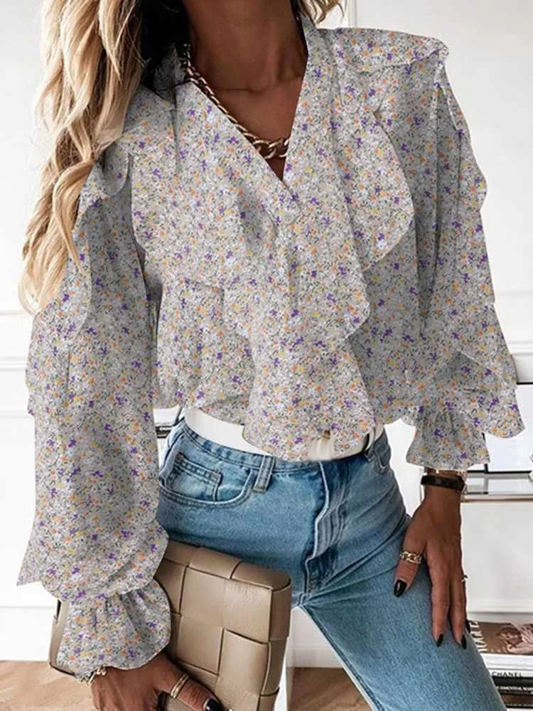 

Celmia Elegant Long Flare Sleeve Blouse Vintage Floral Printed Ruffles 2022 Fashion Office Women Shirts V-neck Buttons Up Blusas
