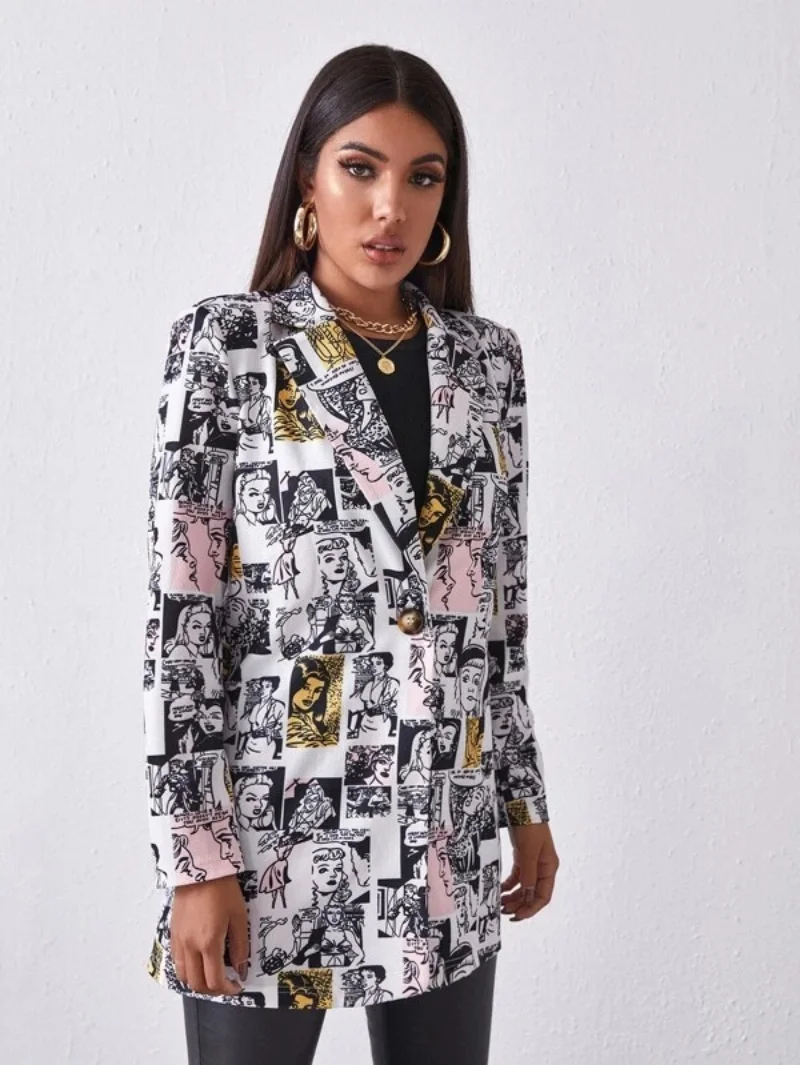 Blazers for Women 2023 Fashion Position Printed Blazers Women Long Sleeve Slim Jacket Women Coats