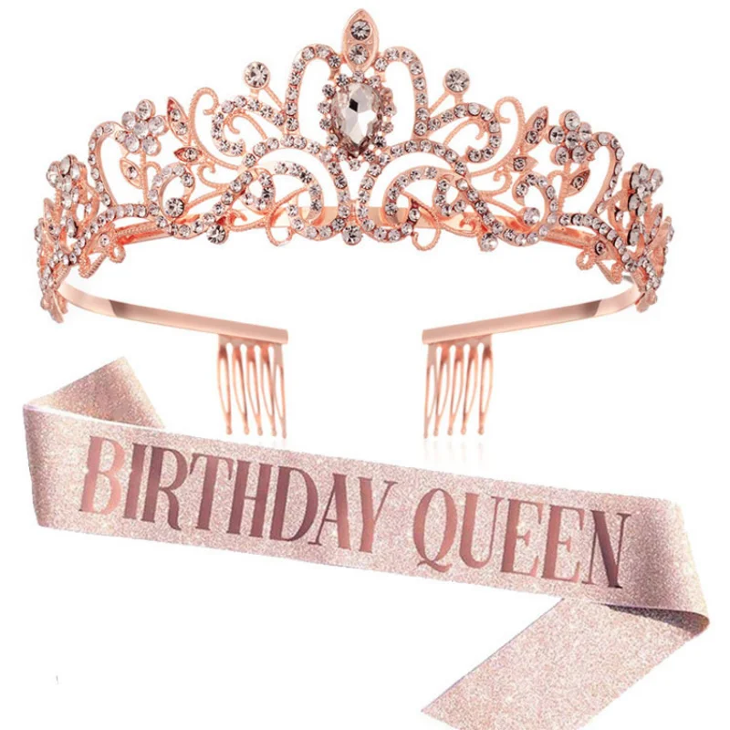 

Birthday Strap Crown Suit Hairband Accessories Funny Hat Princess Queen Girls Goods Decoration 1 Year Party Rose Gold Women's