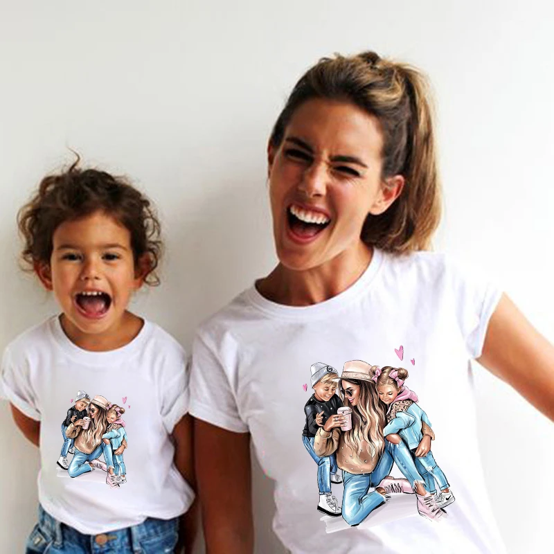 

Fashion Mommy and Baby Girl White Tshirts Super Mom Tops TeeFamily Tshirts Cartoon Family Look Boys Mom Mother Children T-shirt