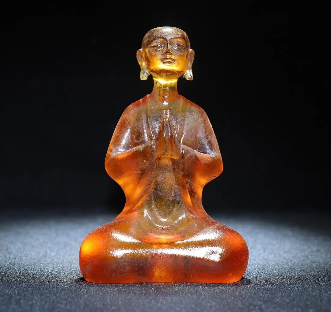 

10.5cm Collectible china orange coloured glaze Carved buddha statue monk praying