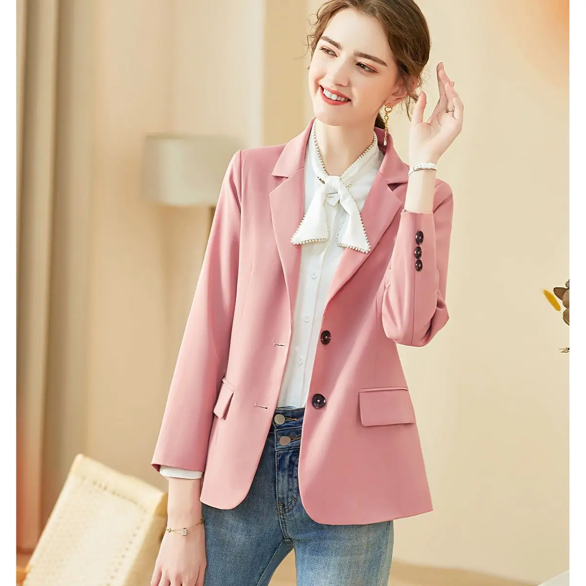 Vintage Long Sleeve Blazer Slim Fit Korean Fashion Office Ladies Spring Autumn Jacket Windbreaker Luxury Buttons Coats New