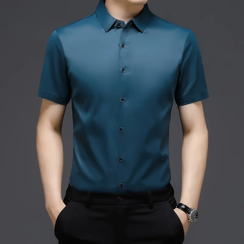 Summer New Men's Short-sleeved Shirt Business Casual Solid Color Thin Ice Silk Shirt