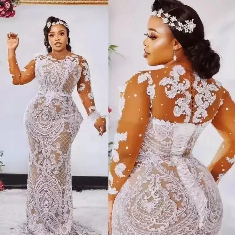 

Champagne Mermaid Wedding Dresses Bridal Gowns Jewel Neck Long Sleeves White Lace Appliques Beads Corset Back Plus Size robe