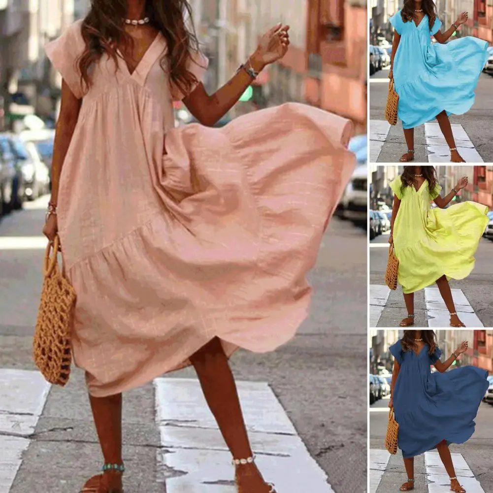 

Stylish Beach Dress Female Party Dress Short Sleeve Large Hem Long Dress A-Line