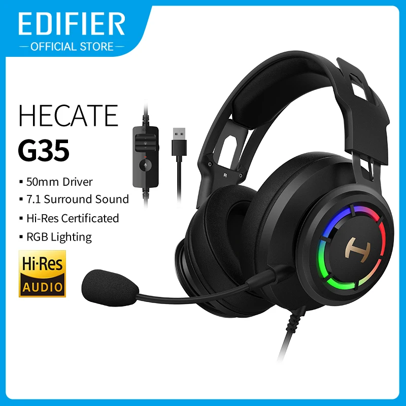 

Edifier Gaming Headset HECATE G35 USB Gamer Headphone 7.1 Surround Sound 50mm Driver Detachable Mic In-line Control Hi-Res Audio