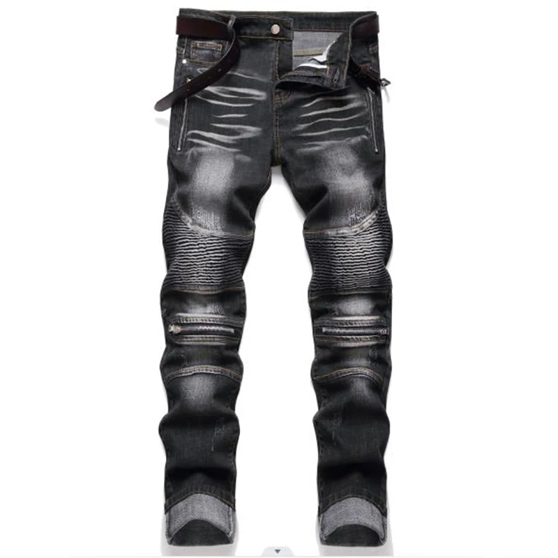 

2022 Winter High Quality Men Casual Jeans Straight Pleated Biker Jeans Male Motorcycle Pantalones Denim Pants Vaqueros Hombre