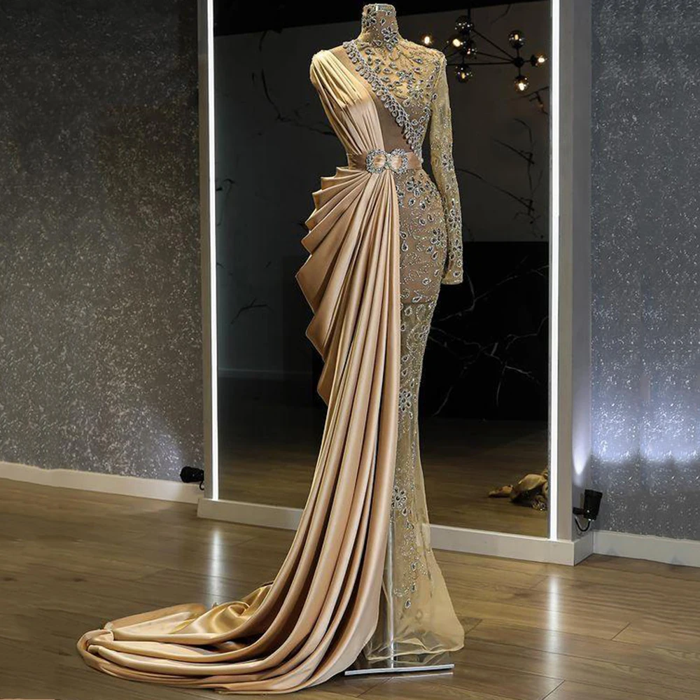 

Aso Ebi 2022 Arabic Gold Luxurious Mermaid Evening Dresses Beaded Crystals Prom Dresses High Neck Formal Party Reception Gowns