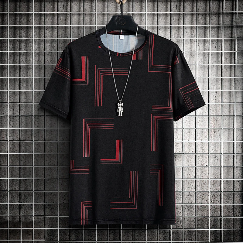 

Summer men ice t-shirt short sleeve print geometry athflow loose tops plus size 6XL 7XL 8XL 9XL geometry tshirt soft cool 140KG